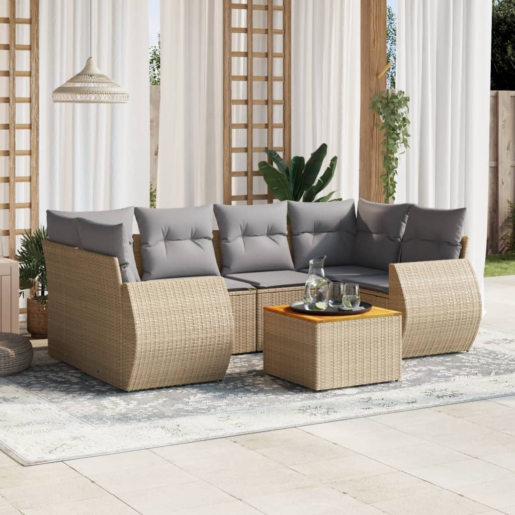 Matgrupp för trädgården med dynor 7 delar beige konstrotting