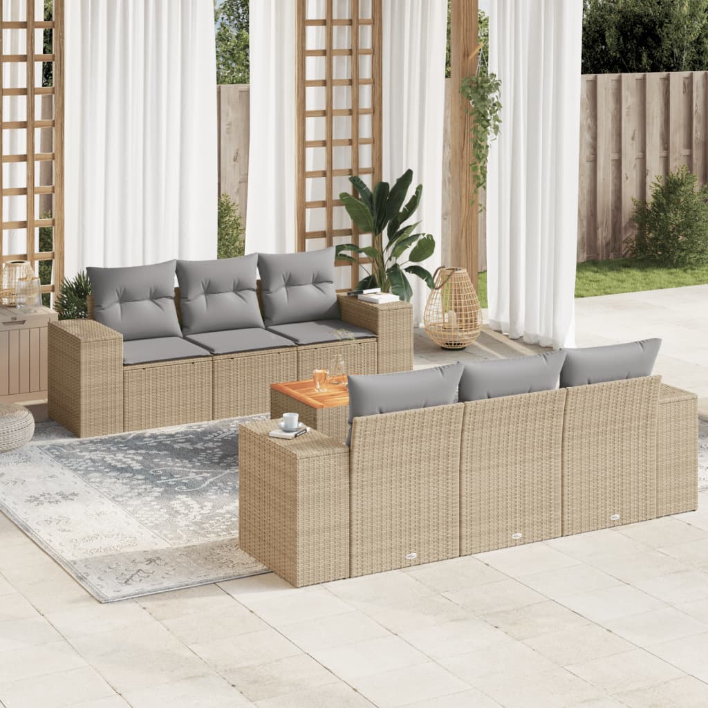 Matgrupp för trädgården med dynor 7 delar beige konstrotting