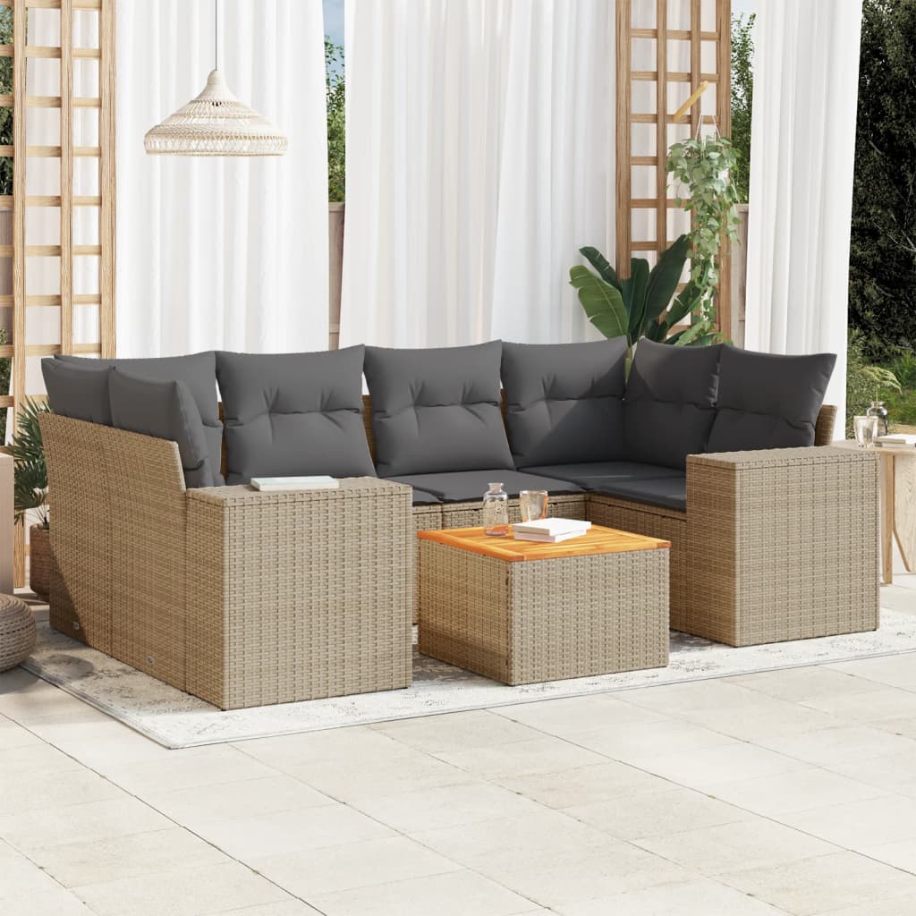 Matgrupp för trädgården med dynor 7 delar beige konstrotting