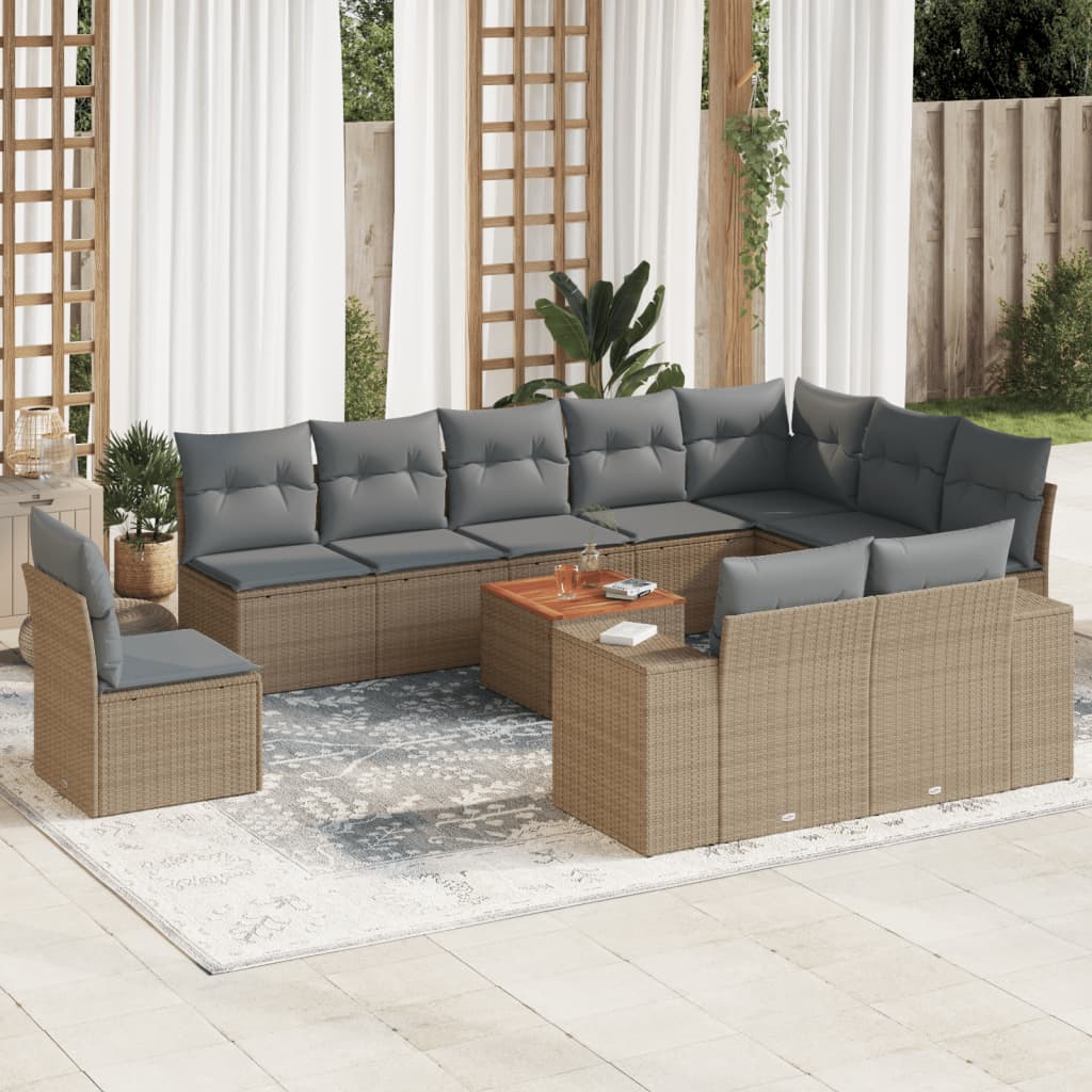Loungegrupp för trädgården m. dynor 11 delar beige konstrotting