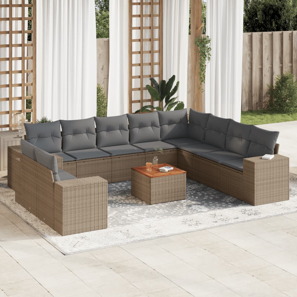 Loungegrupp för trädgården m. dynor 11 delar beige konstrotting