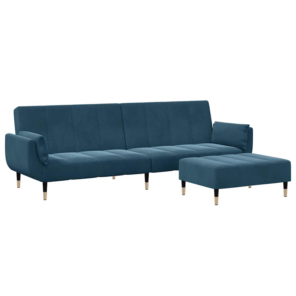 Bäddsoffa 2-sits med fotpall blå sammet