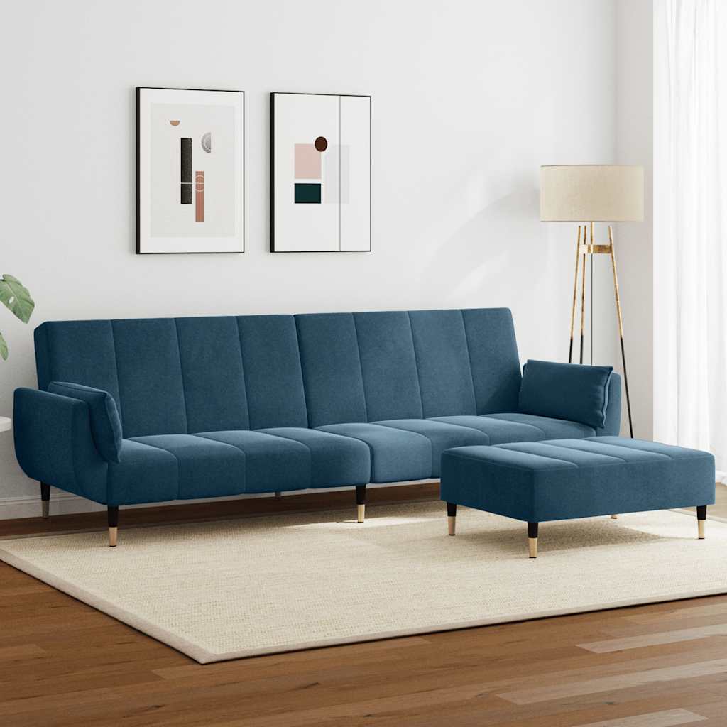 Bäddsoffa 2-sits med fotpall blå sammet
