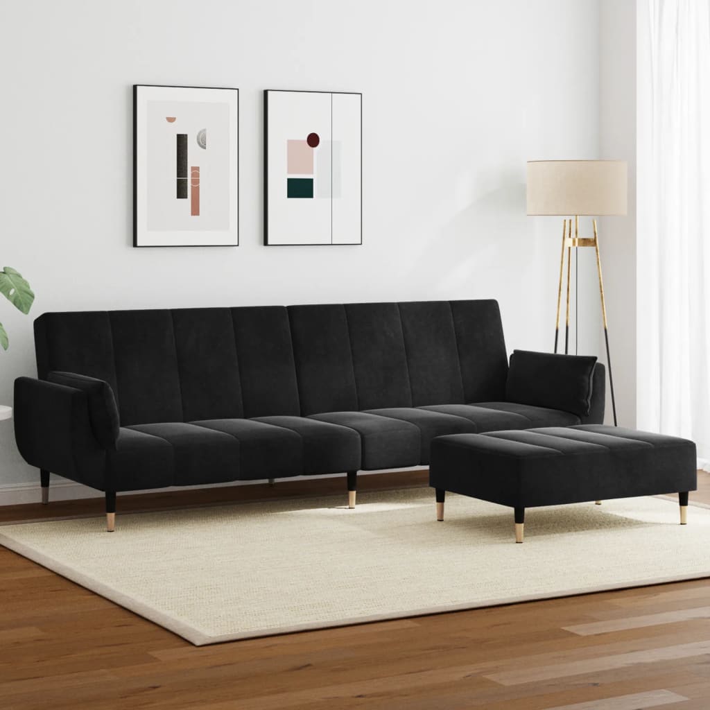 Bäddsoffa 2-sits med fotpall svart sammet