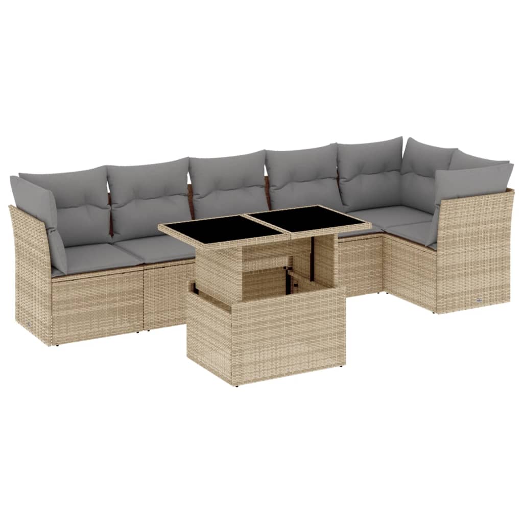 Matgrupp för trädgården med dynor 7 delar beige konstrotting
