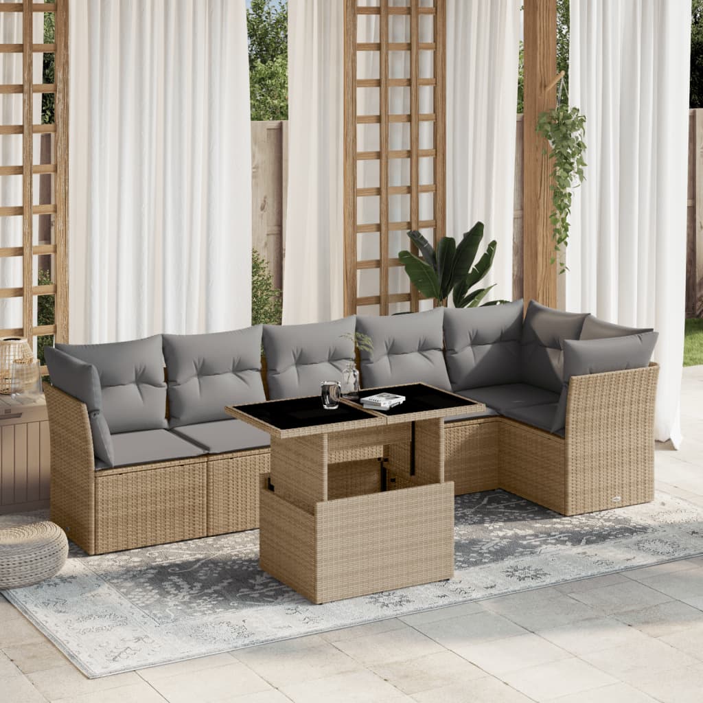 Matgrupp för trädgården med dynor 7 delar beige konstrotting