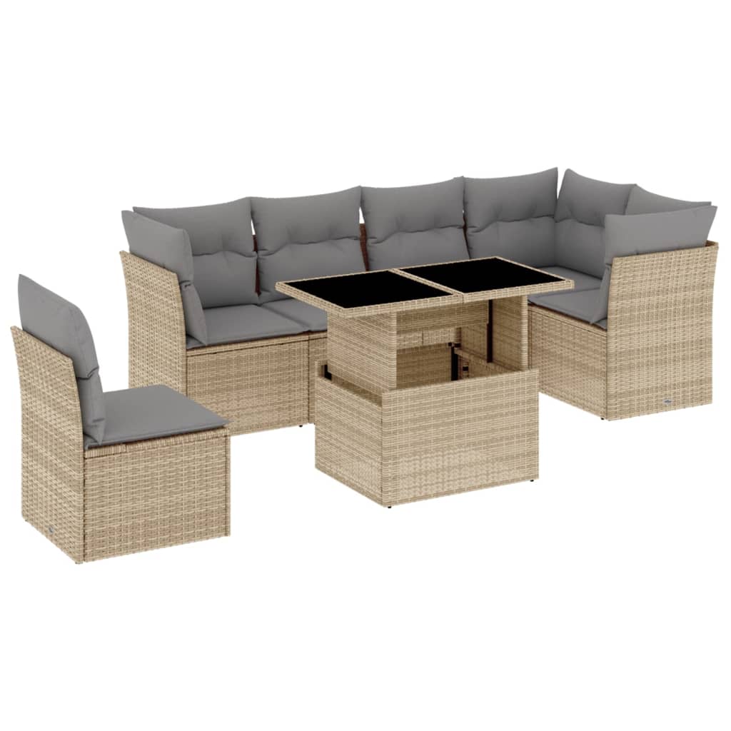 Matgrupp för trädgården med dynor 7 delar beige konstrotting
