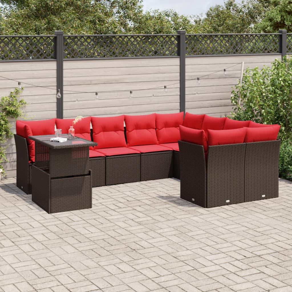 10 delar trädgårdssoffgrupp med dynor brun polyrotting