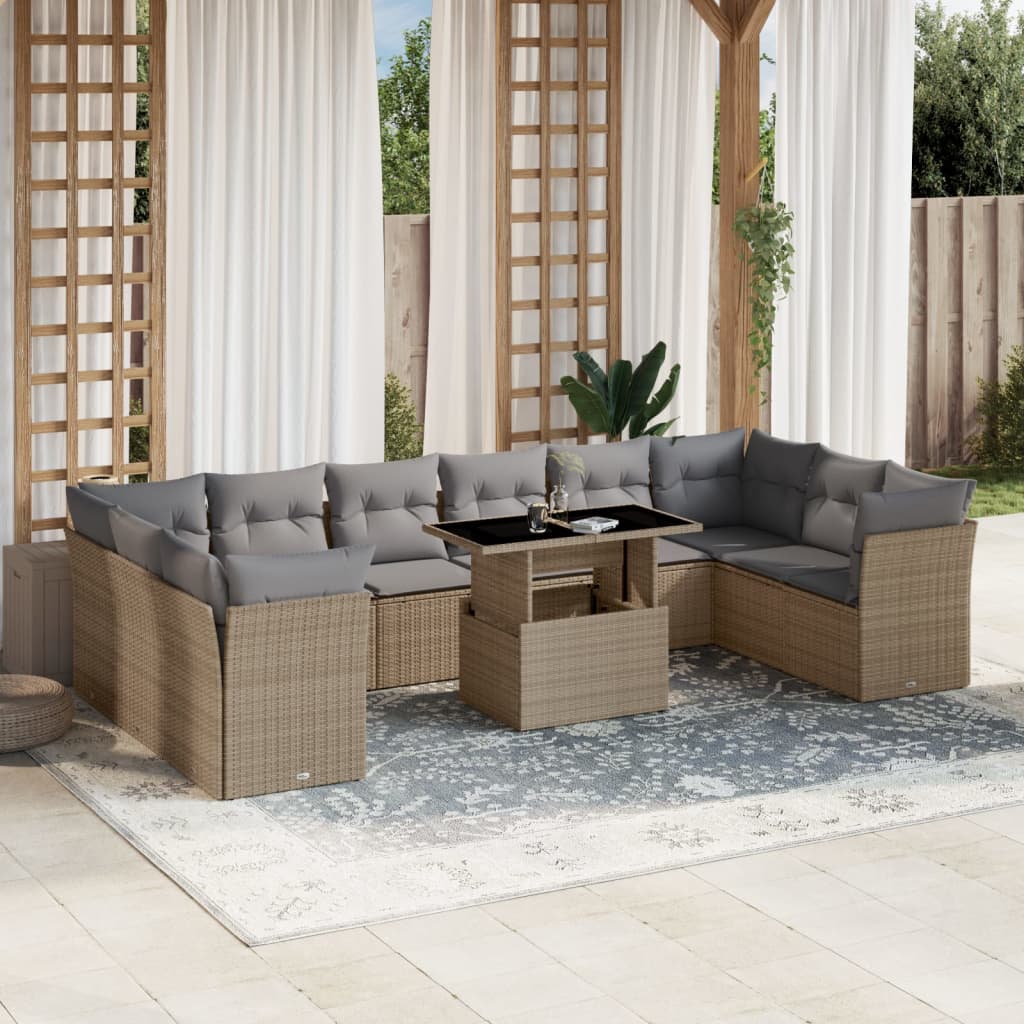 Loungegrupp för trädgården m. dynor 11 delar beige konstrotting