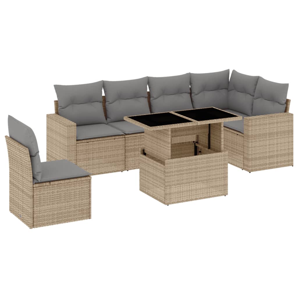 Matgrupp för trädgården med dynor 7 delar beige konstrotting