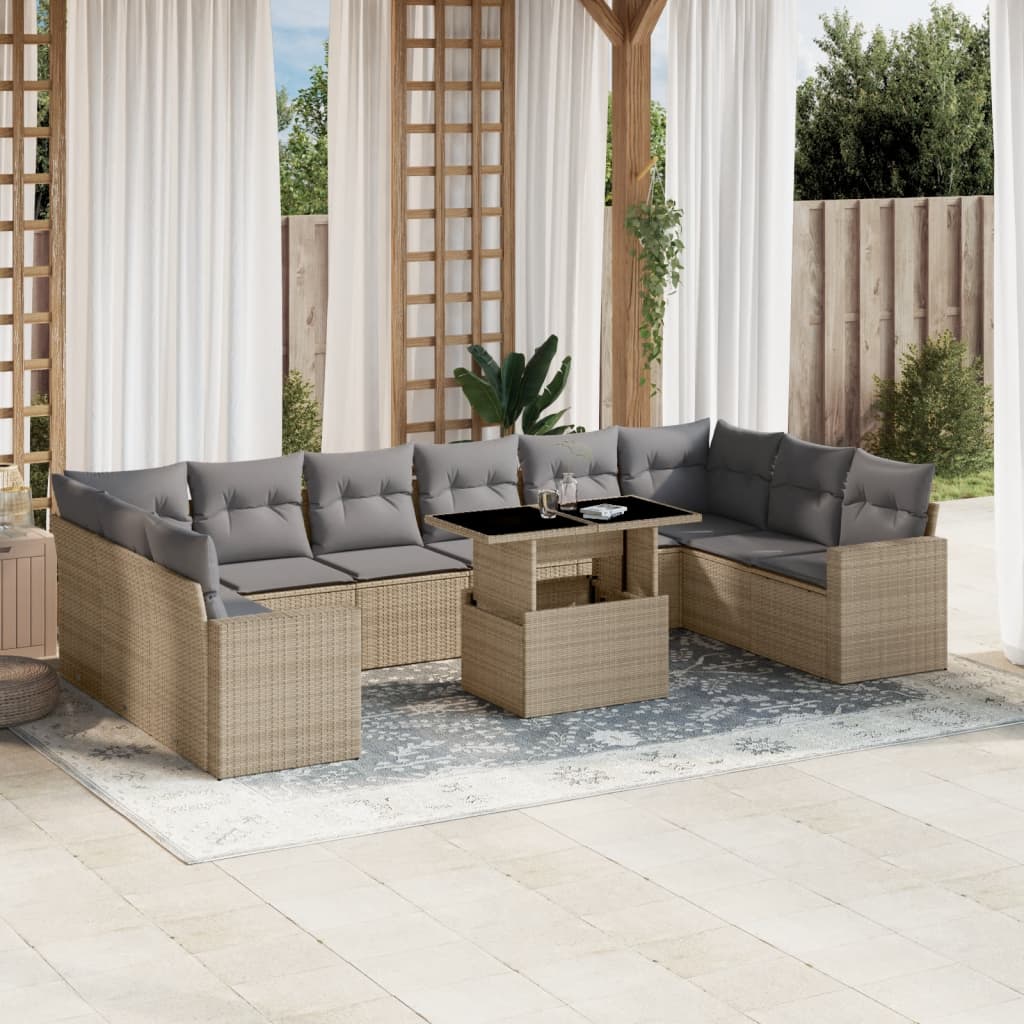 Loungegrupp för trädgården m. dynor 11 delar beige konstrotting