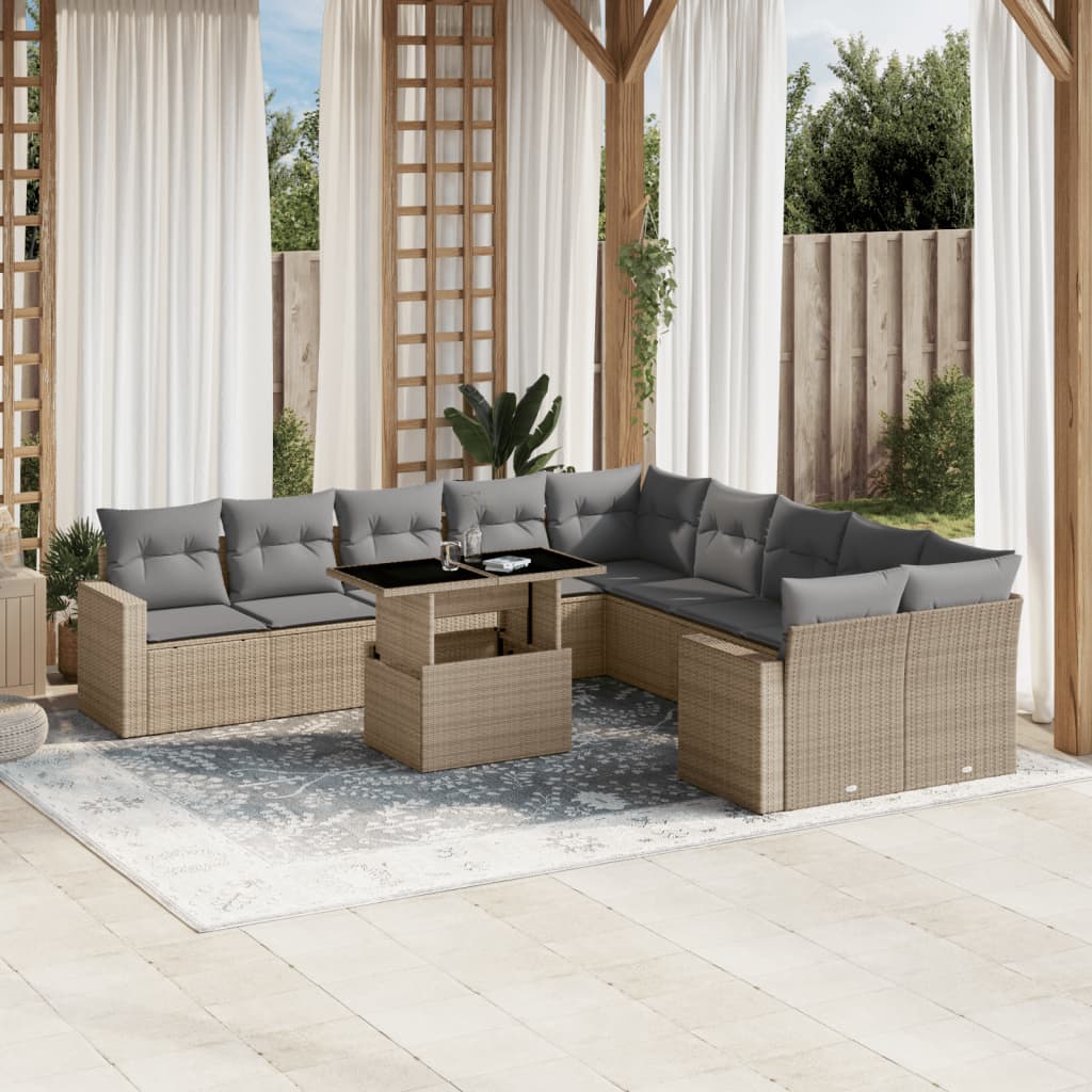 Loungegrupp för trädgården m. dynor 11 delar beige konstrotting