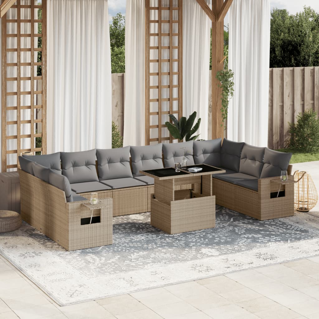 Loungegrupp för trädgården m. dynor 11 delar beige konstrotting