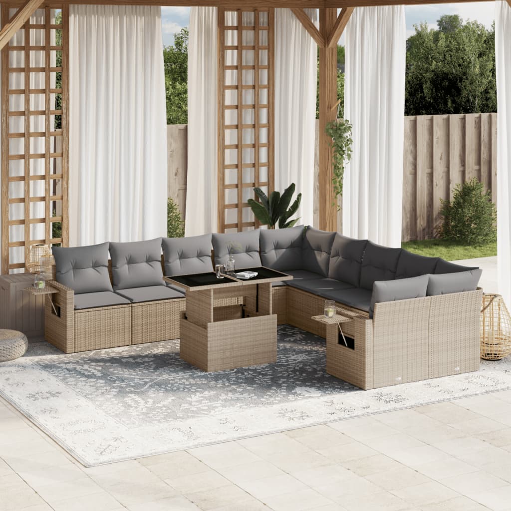 Loungegrupp för trädgården m. dynor 11 delar beige konstrotting