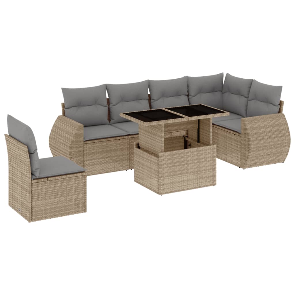 Matgrupp för trädgården med dynor 7 delar beige konstrotting
