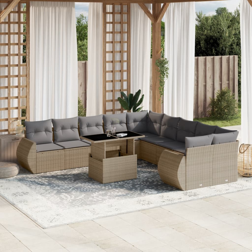 Loungegrupp för trädgården m. dynor 11 delar beige konstrotting