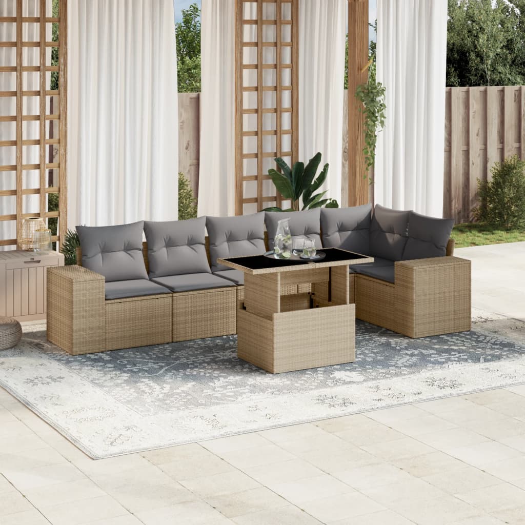 Matgrupp för trädgården med dynor 7 delar beige konstrotting