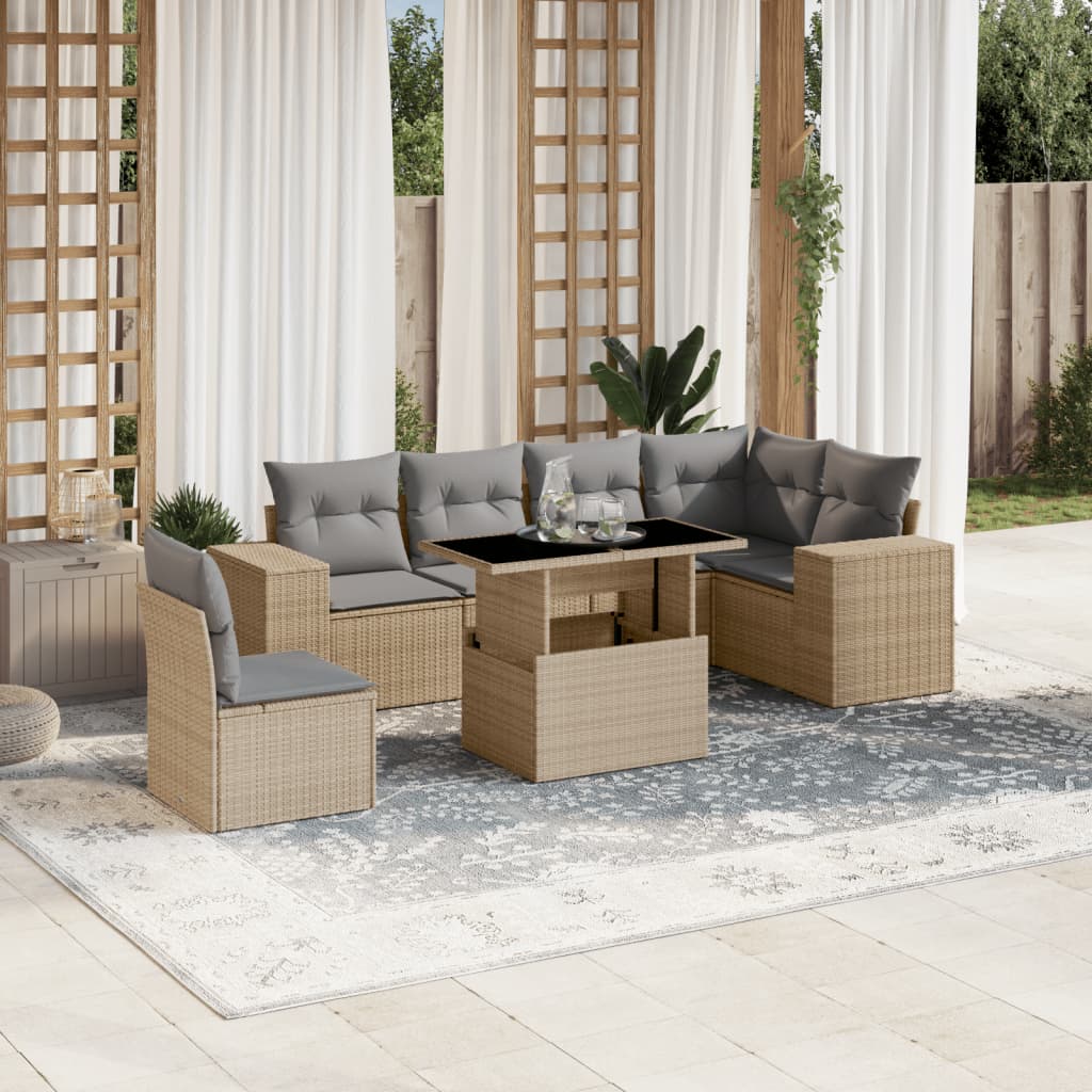 Matgrupp för trädgården med dynor 7 delar beige konstrotting
