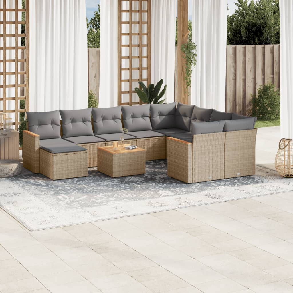 Loungegrupp för trädgården m. dynor 11 delar beige konstrotting