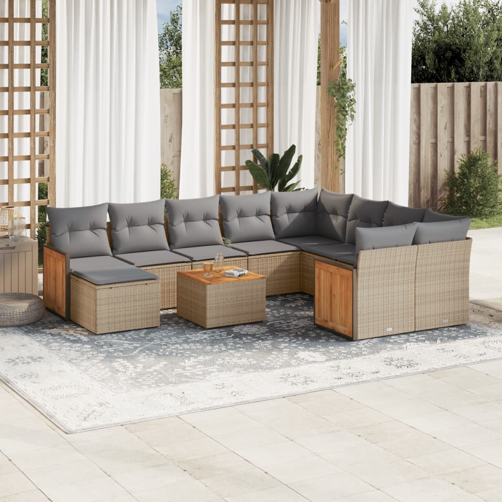 Loungegrupp för trädgården m. dynor 11 delar beige konstrotting