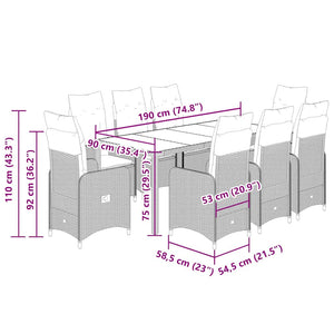 Caféset för trädgården 9 delar med dynor beige konstrotting