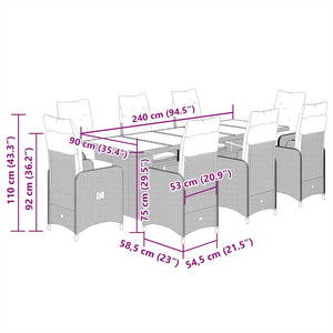 Caféset för trädgården 9 delar med dynor beige konstrotting