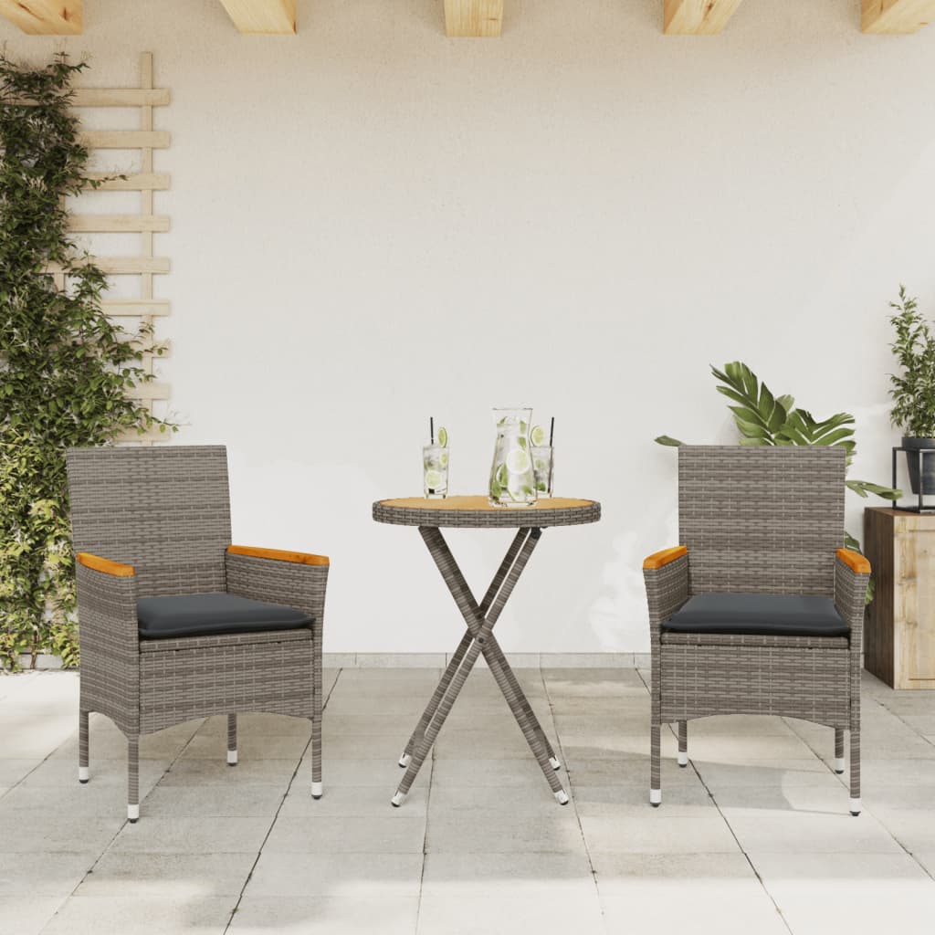 Bistrogrupp med dynor 3 delar grå konstrotting och akaciaträ