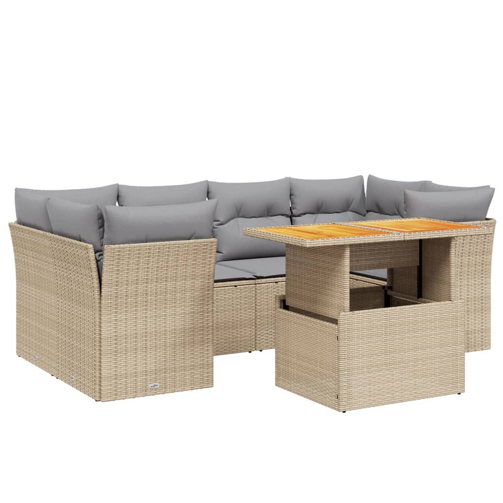 Matgrupp för trädgården med dynor 7 delar beige konstrotting