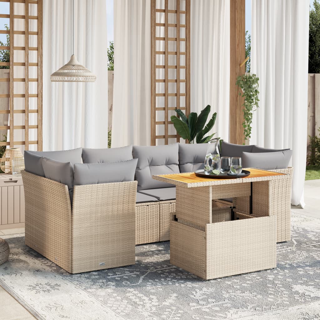 Matgrupp för trädgården med dynor 7 delar beige konstrotting