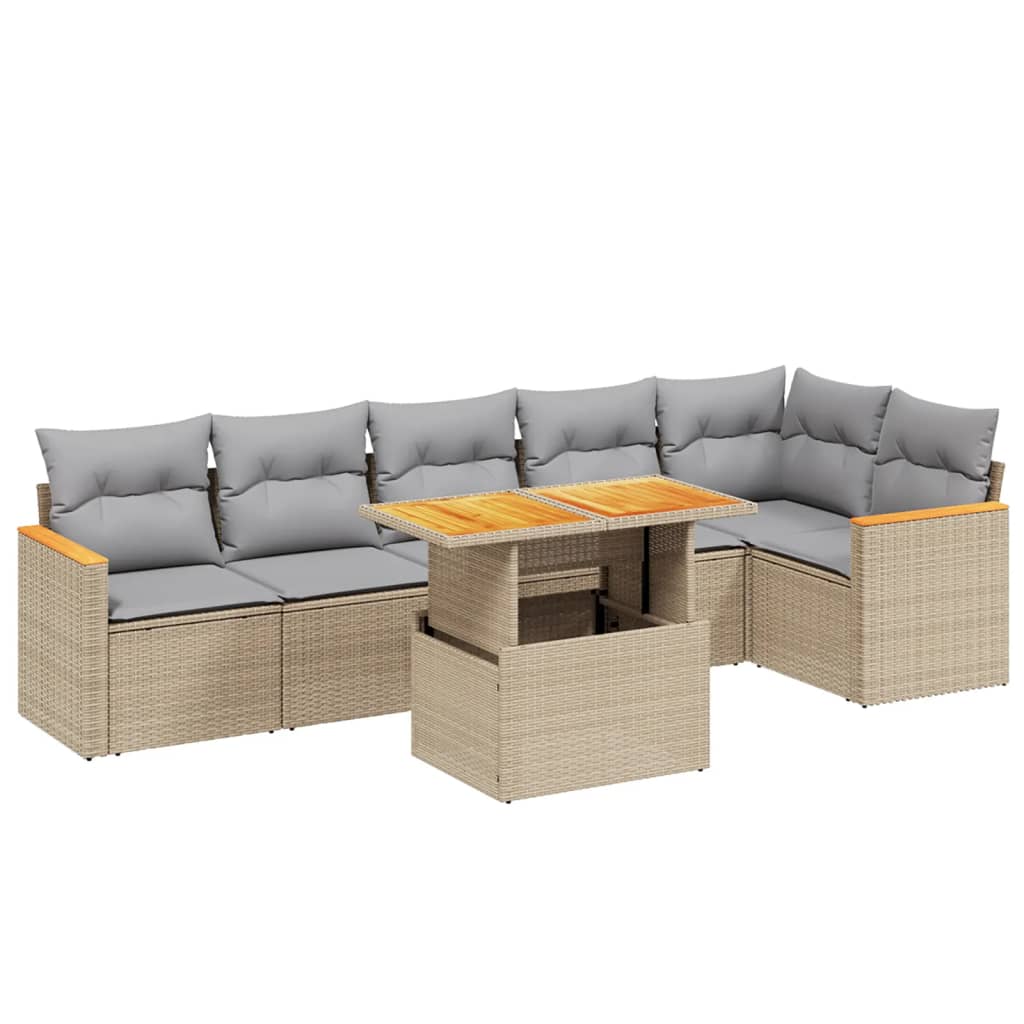 Matgrupp för trädgården med dynor 7 delar beige konstrotting