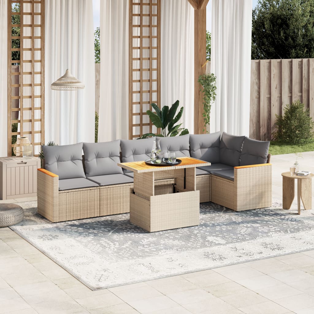 Matgrupp för trädgården med dynor 7 delar beige konstrotting