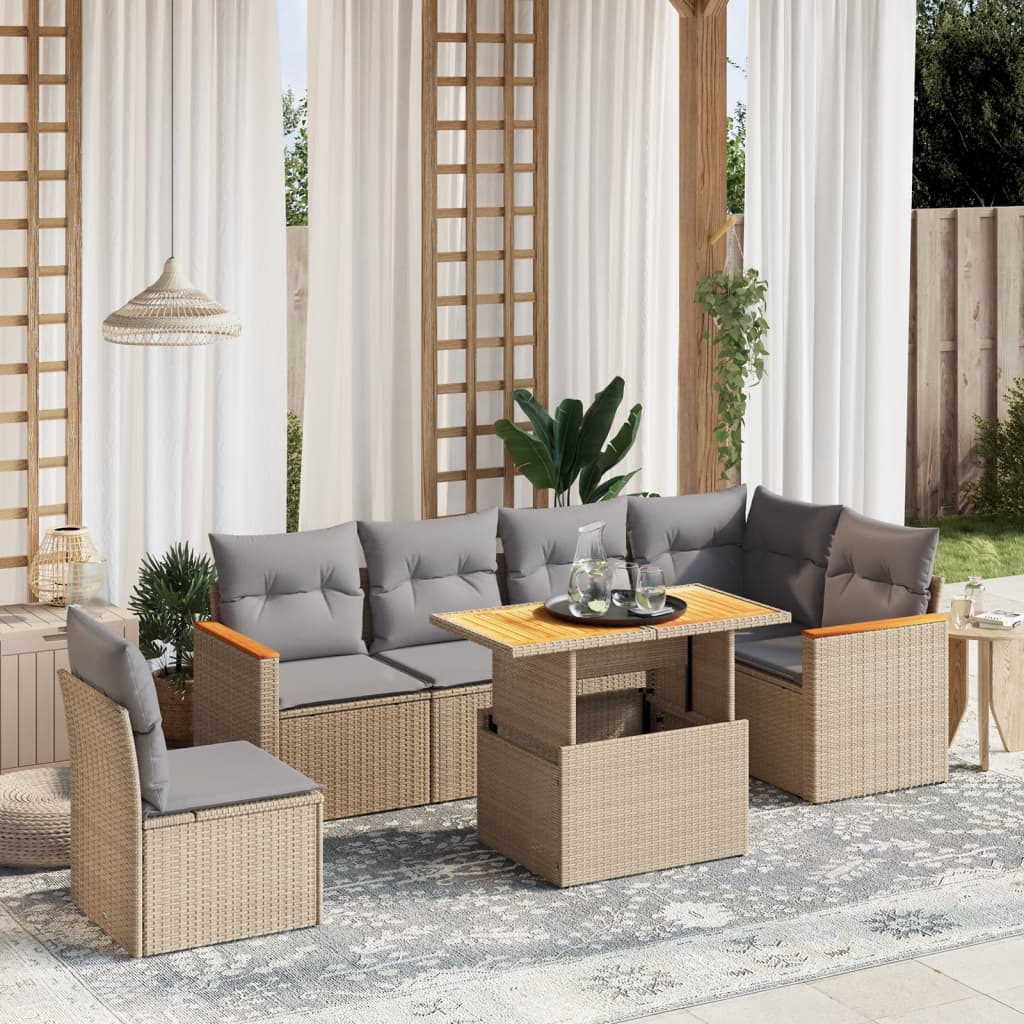 Matgrupp för trädgården med dynor 7 delar beige konstrotting