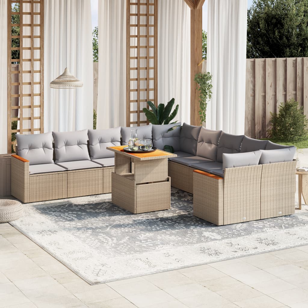 Loungegrupp för trädgården m. dynor 11 delar beige konstrotting