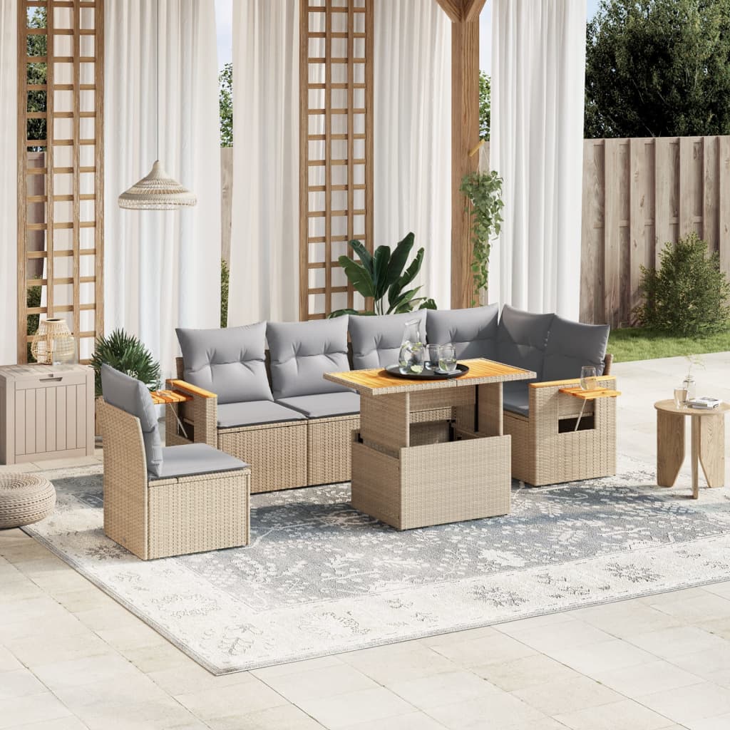 Matgrupp för trädgården med dynor 7 delar beige konstrotting