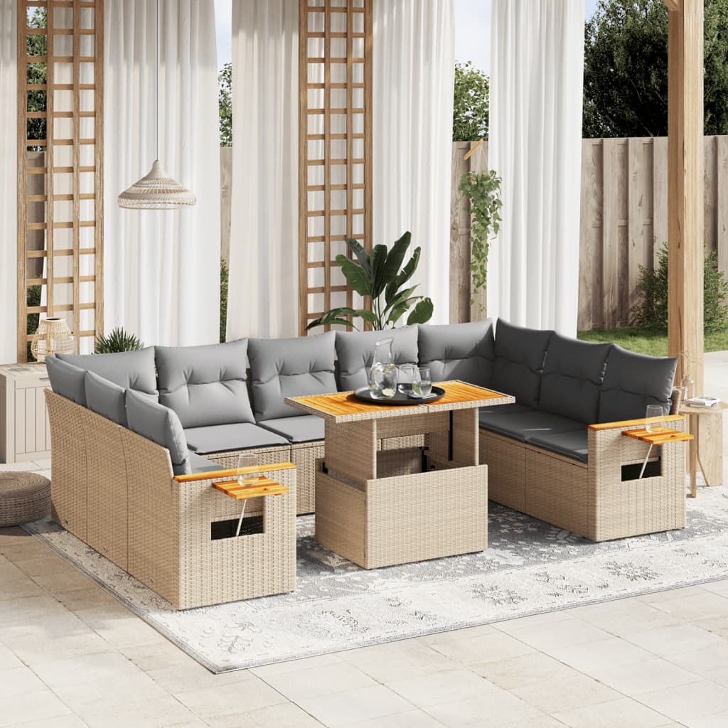 Loungegrupp för trädgården m. dynor 11 delar beige konstrotting