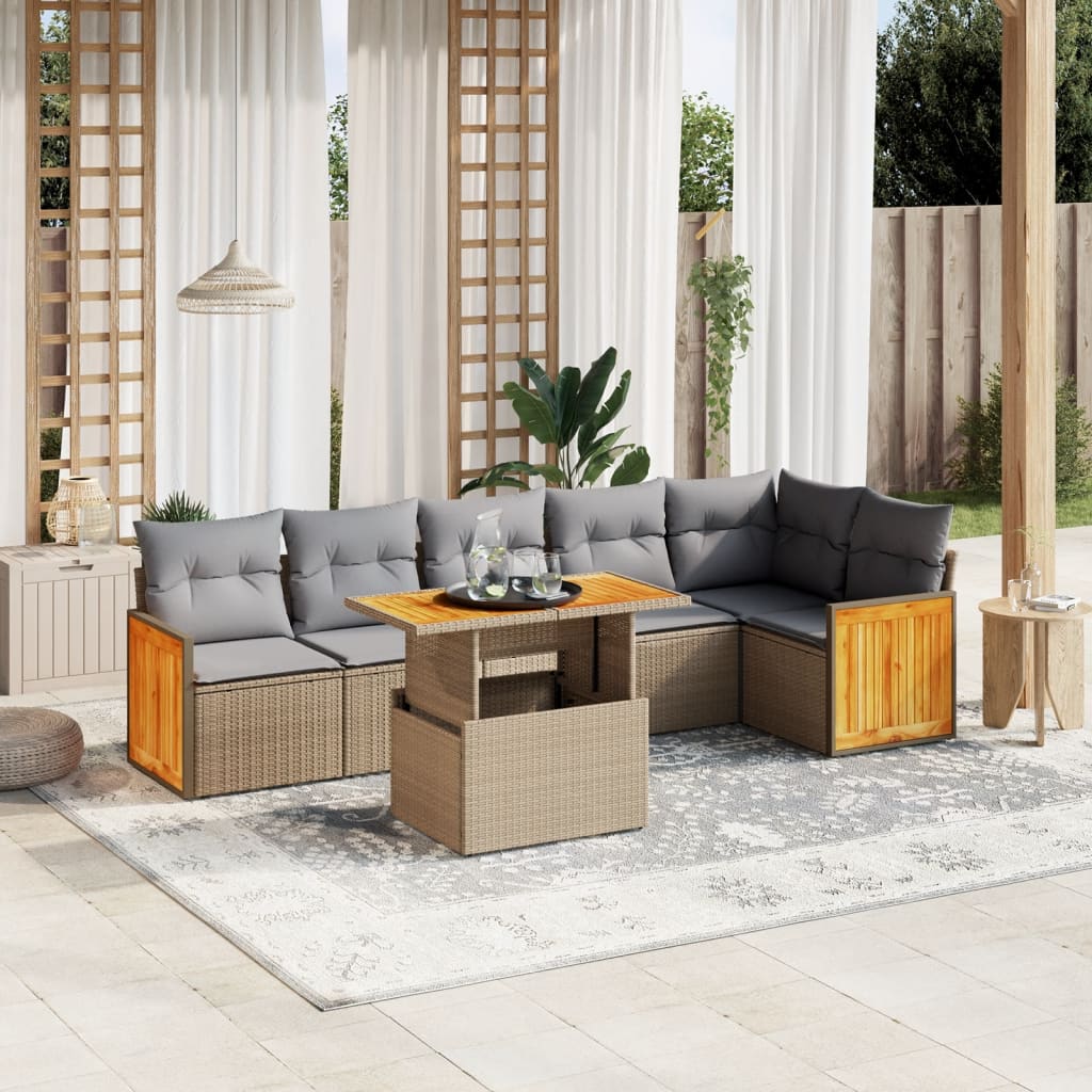 Matgrupp för trädgården med dynor 7 delar beige konstrotting