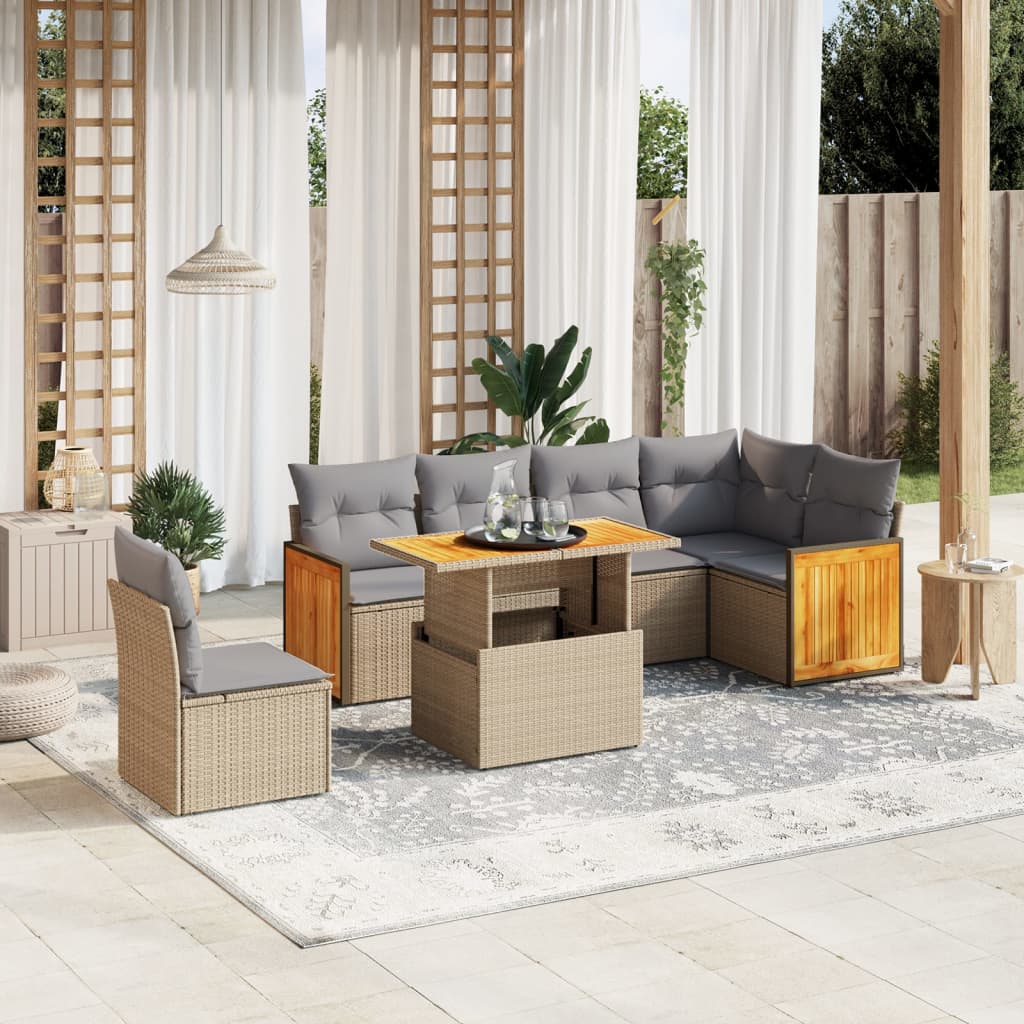 Matgrupp för trädgården med dynor 7 delar beige konstrotting
