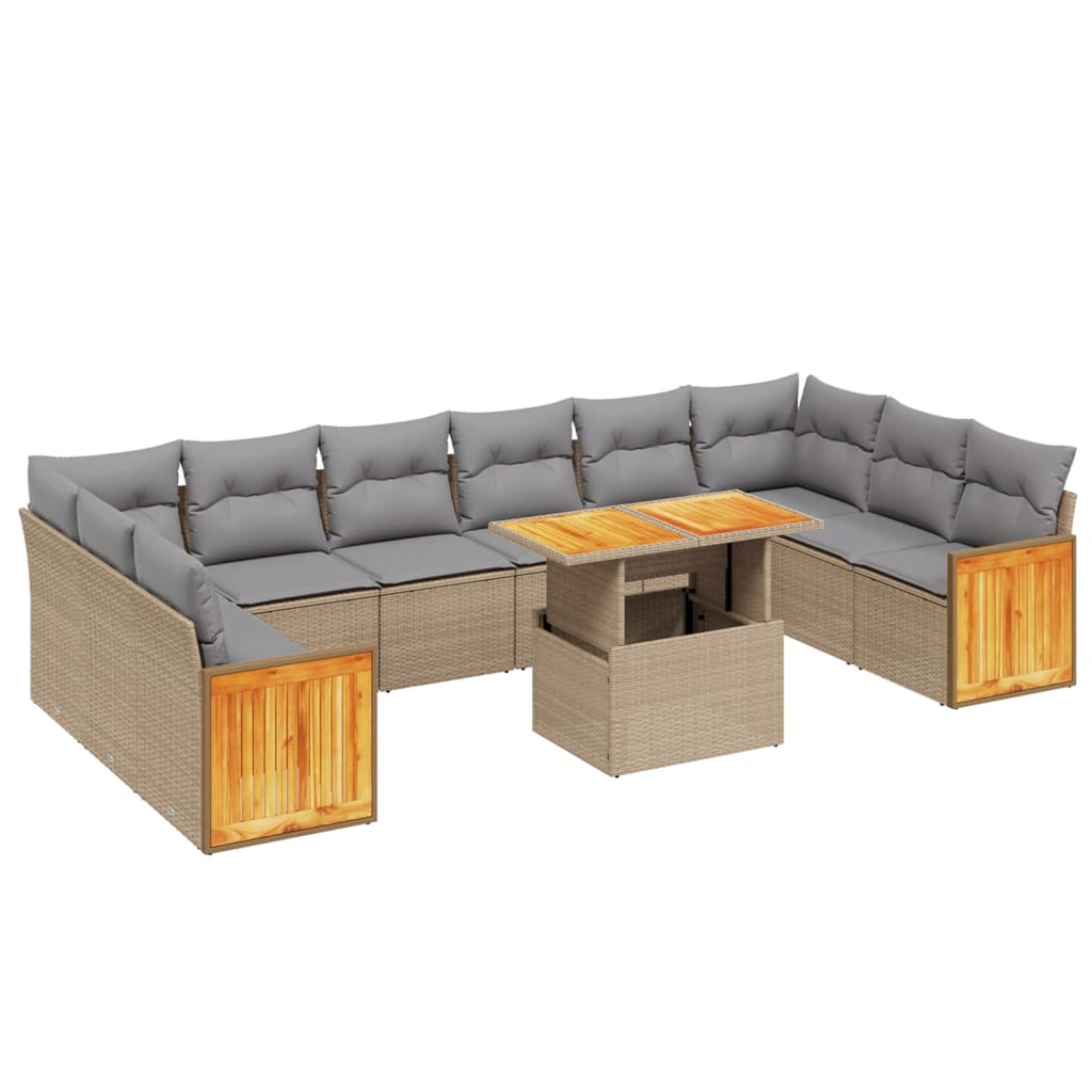 Loungegrupp för trädgården m. dynor 11 delar beige konstrotting