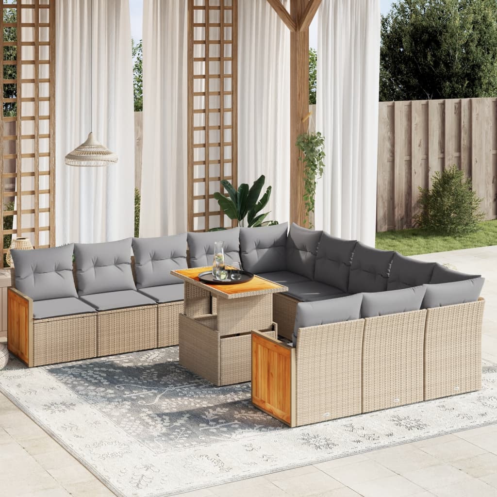 Loungegrupp för trädgården m. dynor 11 delar beige konstrotting
