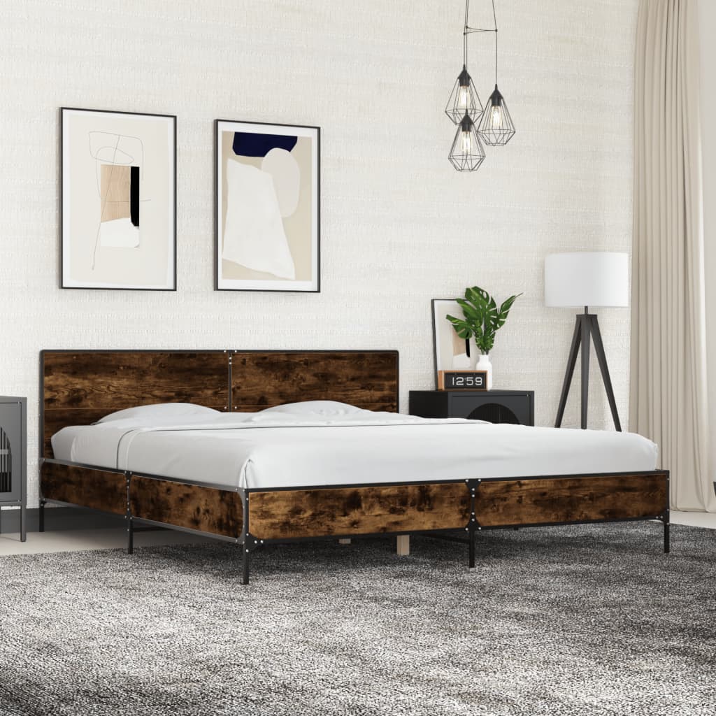 Sängram rökfärgad ek 200x200 cm konstruerat trä och metall
