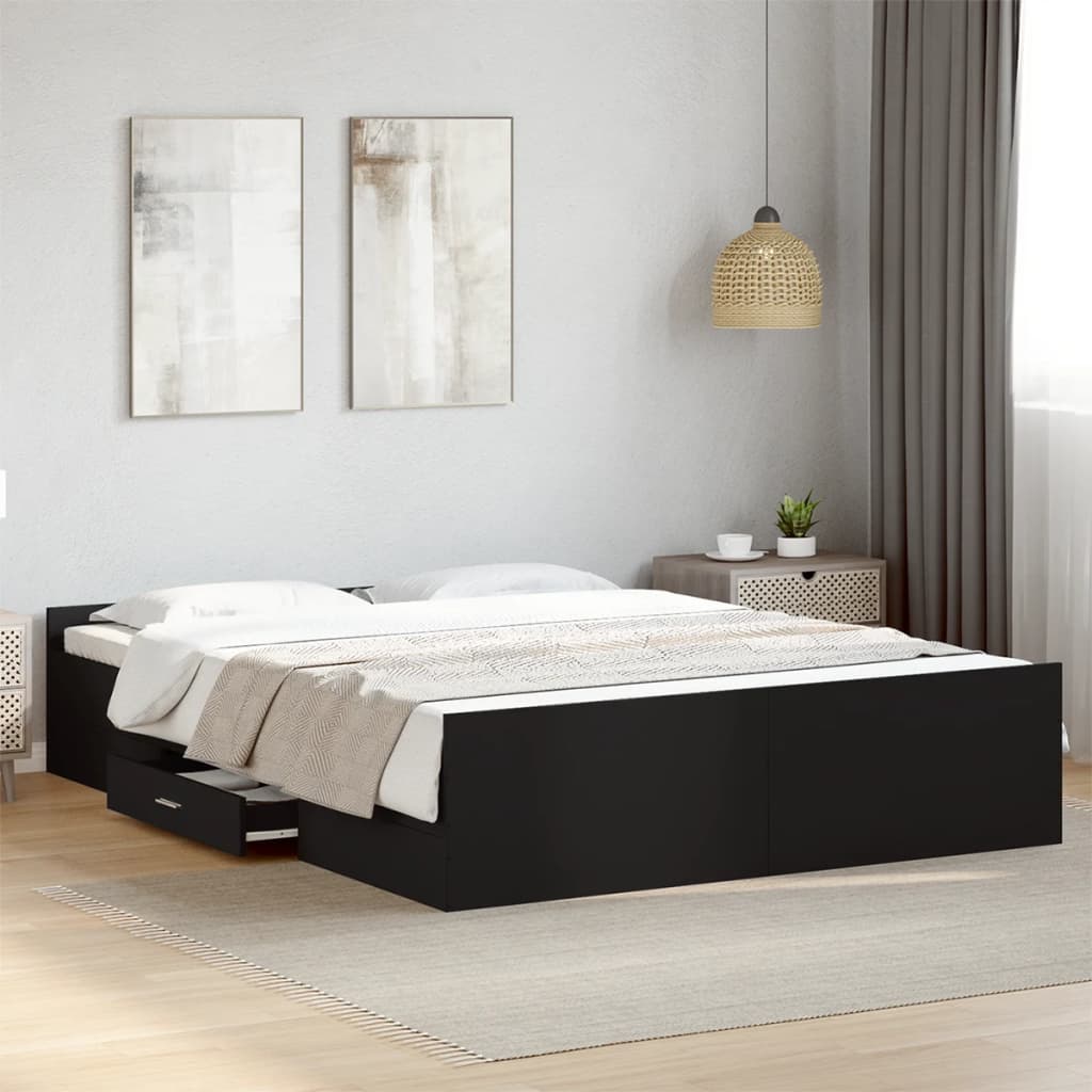 Sängram med lådor svart 150x200 cm konstruerat trä