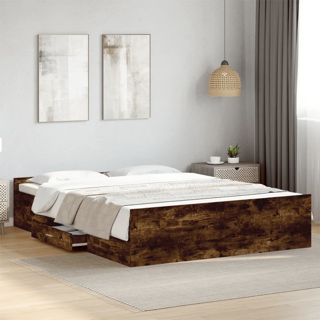 Sängram med lådor rökfärgad ek 150x200 cm konstruerad trä