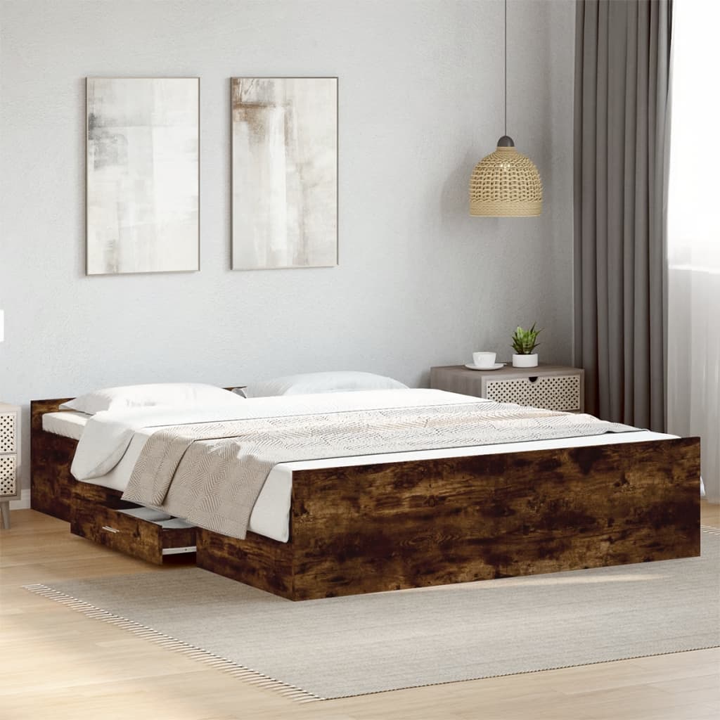 Sängram med lådor rökfärgad ek 140x200 cm konstruerad trä