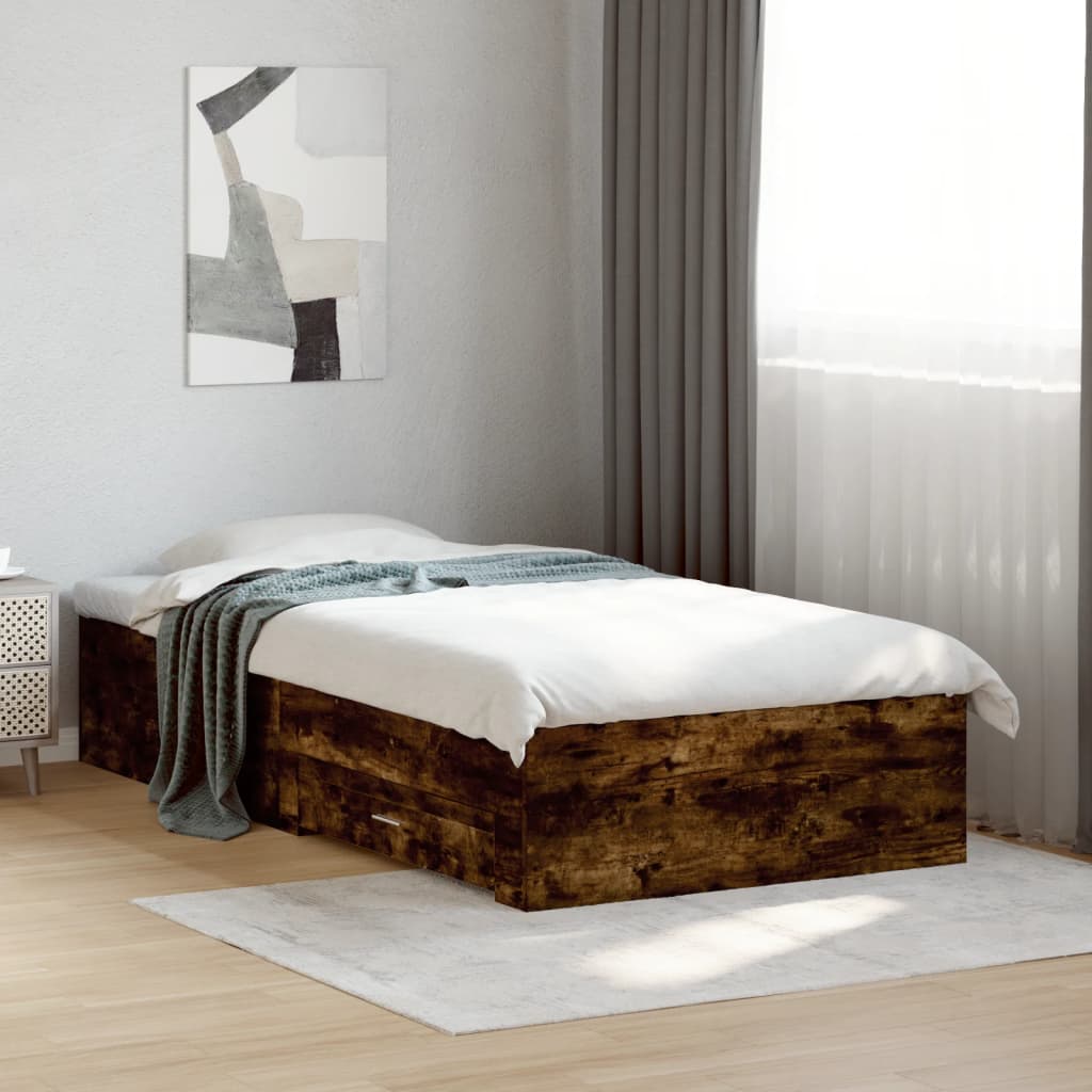 Sängram med lådor rökfärgad ek 75x190 cm konstruerad trä