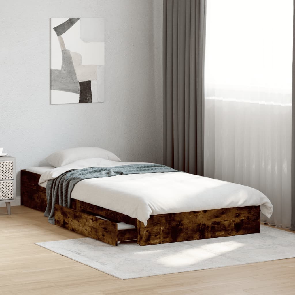 Sängram med lådor rökfärgad ek 90x200 cm konstruerad trä