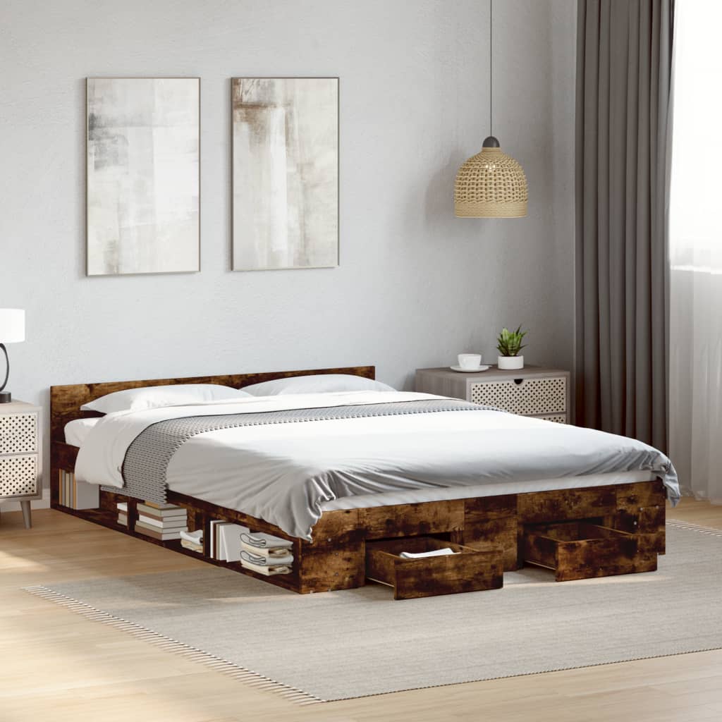 Sängram med lådor rökfärgad ek 150x200 cm konstruerad trä