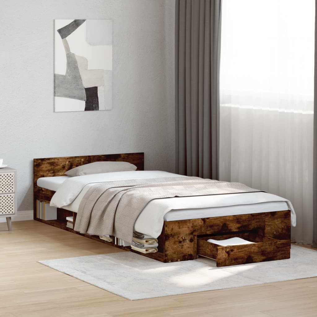Sängram med låda rökfärgad ek 75x190 cm konstruerad trä