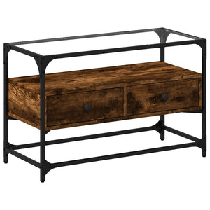 Tv-bänk med glasskiva rökfärgad ek 80x35x51 cm konstruerat trä