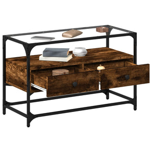 Tv-bänk med glasskiva rökfärgad ek 80x35x51 cm konstruerat trä