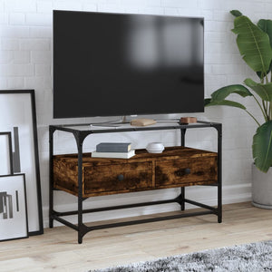 Tv-bänk med glasskiva rökfärgad ek 80x35x51 cm konstruerat trä